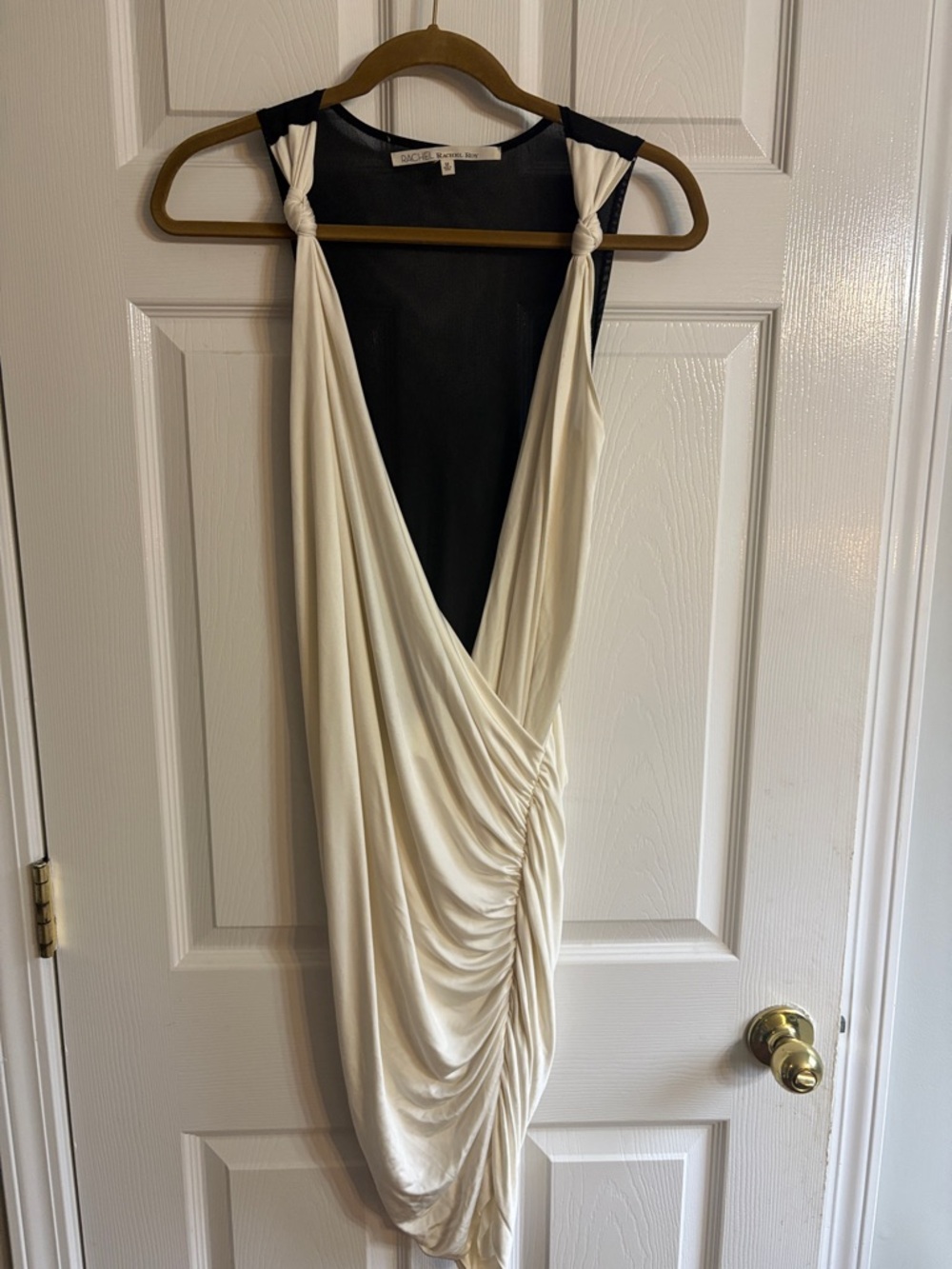 RACHEL Rachel Roy Ivory and Black Knotted Shoulder Draped Dress